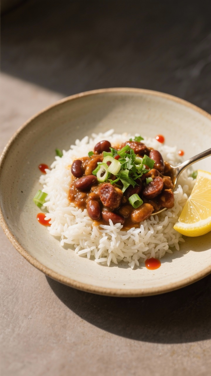 Final plated dish: Restaurant-quality presentation of fluffy long-grain white rice topped with a gen