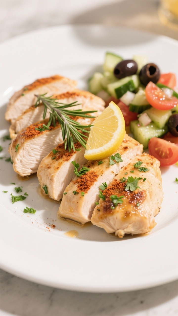 Final plated dish: Restaurant-quality presentation of Air Fryer Chicken Breast with Herbs on a white