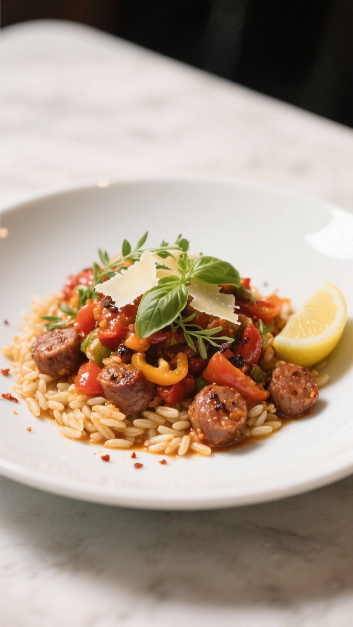 Final plated dish: Restaurant-quality presentation of the skillet mixture served over al dente orzo 