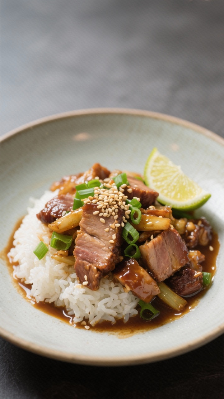 Final plated dish: Restaurant-quality presentation of pork tenderloin stir fry over fluffy white ric