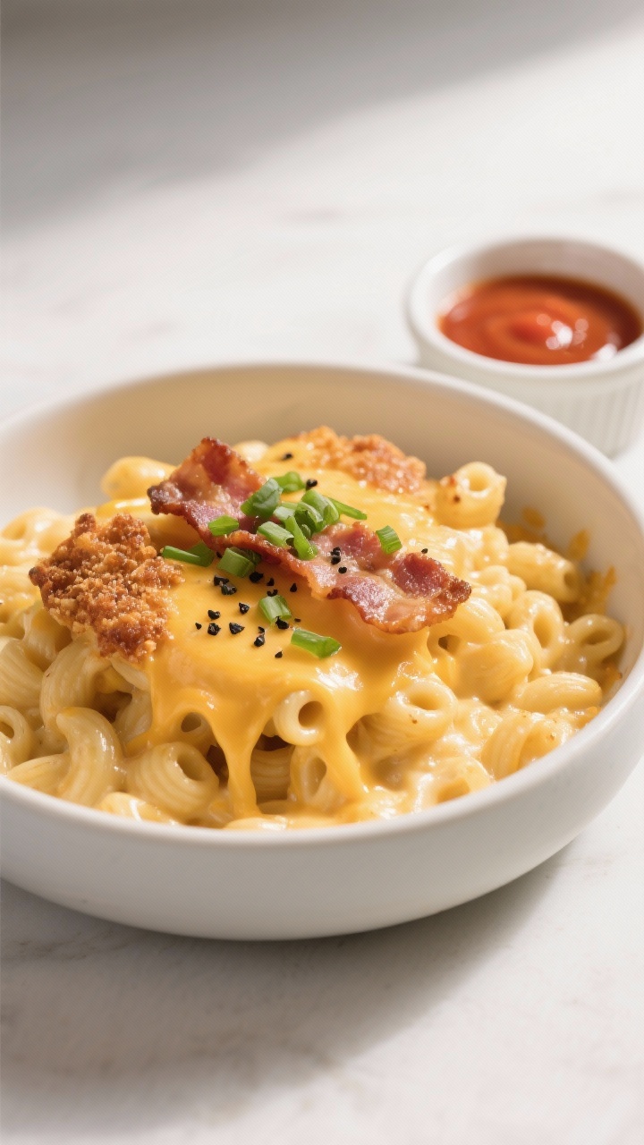 Final plated dish: Restaurant-quality presentation of Leftover Bacon Mac and Cheese served in a matt