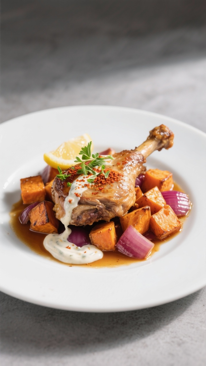 Final plated dish: Restaurant-quality presentation of a single thigh over a bed of roasted sweet pot