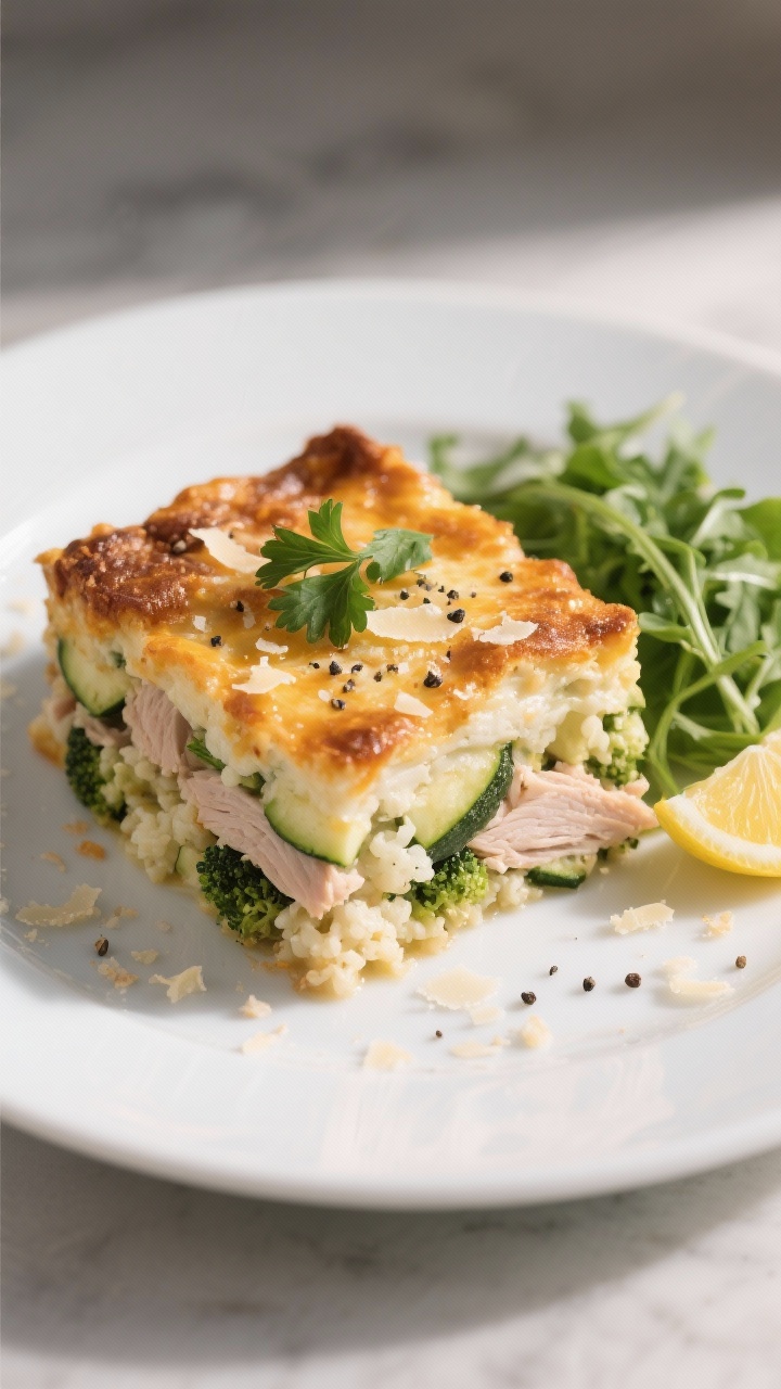 Final plated dish: Restaurant-quality presentation of a generous square of creamy low-carb turkey & 