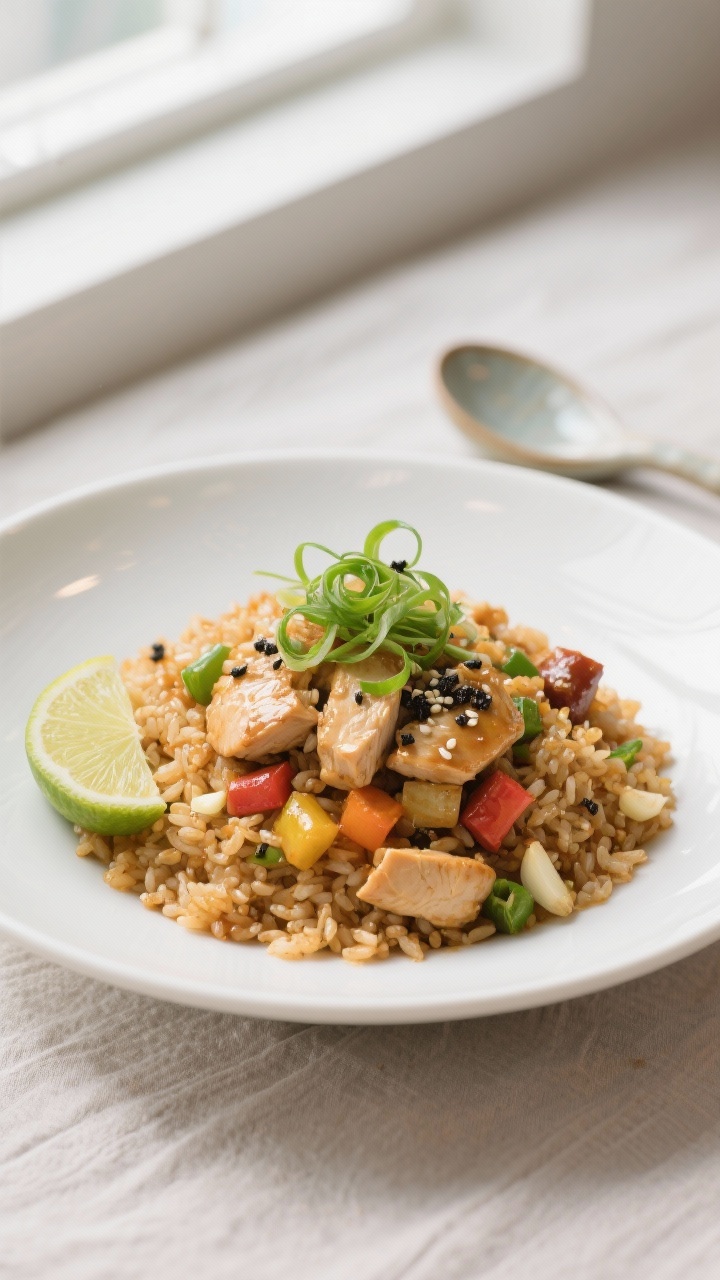 Final plated dish: Restaurant-quality single serving of the chicken rice skillet in a white, shallow