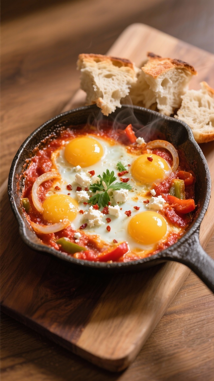 Final plated dish – Shakshuka-Style Baked Eggs in Marinara: Beautifully plated single-serving skil