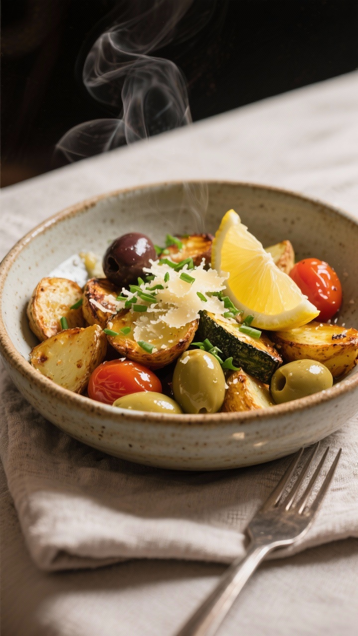 Final plated dish shot: rustic ceramic bowl filled with the roasted vegetables and crispy potatoes, 