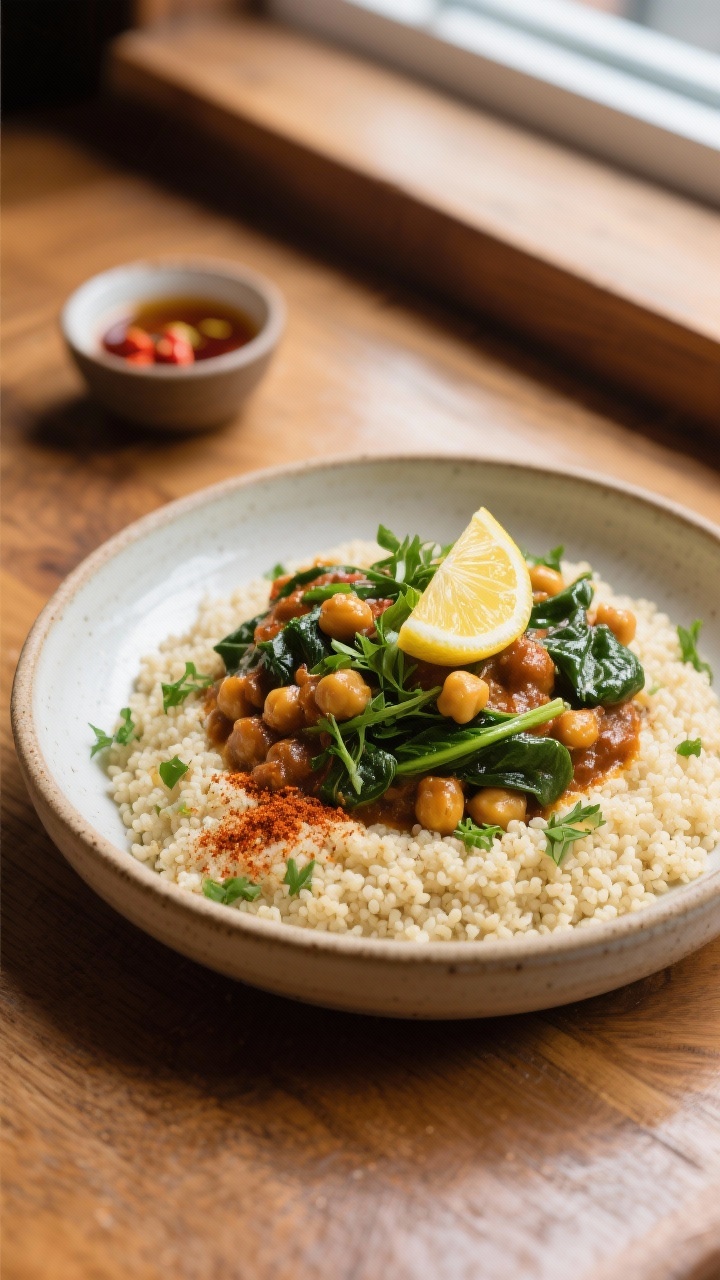 Final plated meal: Restaurant-quality presentation of the stew over fluffy couscous in a shallow cer