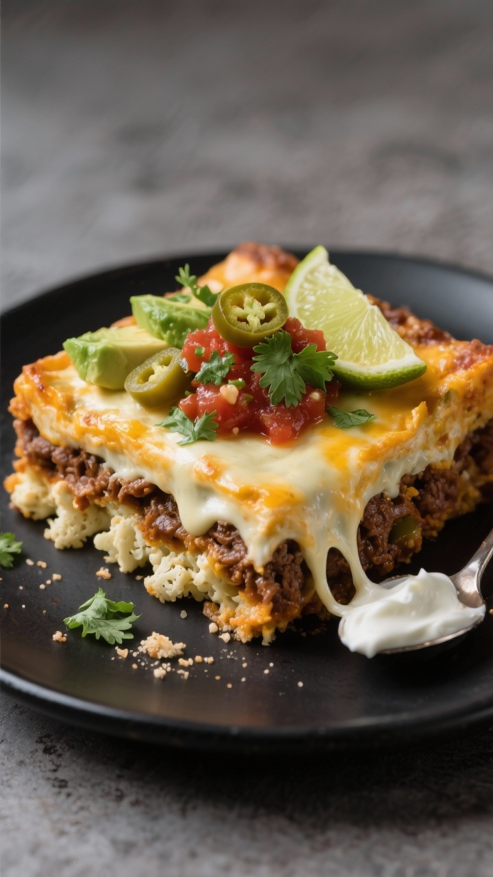 Final plated presentation: A generous square of low-carb taco casserole served on a matte black plat