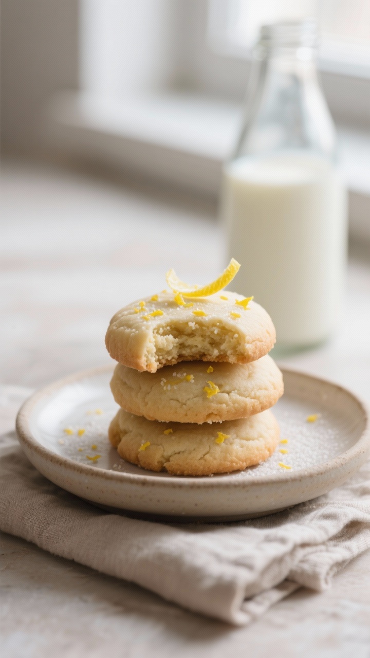 Final plated presentation: A small dessert plate stacked with three vegan sugar cookies, one broken 
