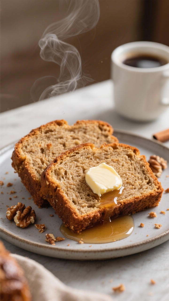 Final plated presentation: Two thick, bakery-style slices of Moist Cinnamon Banana Bread on a matte 