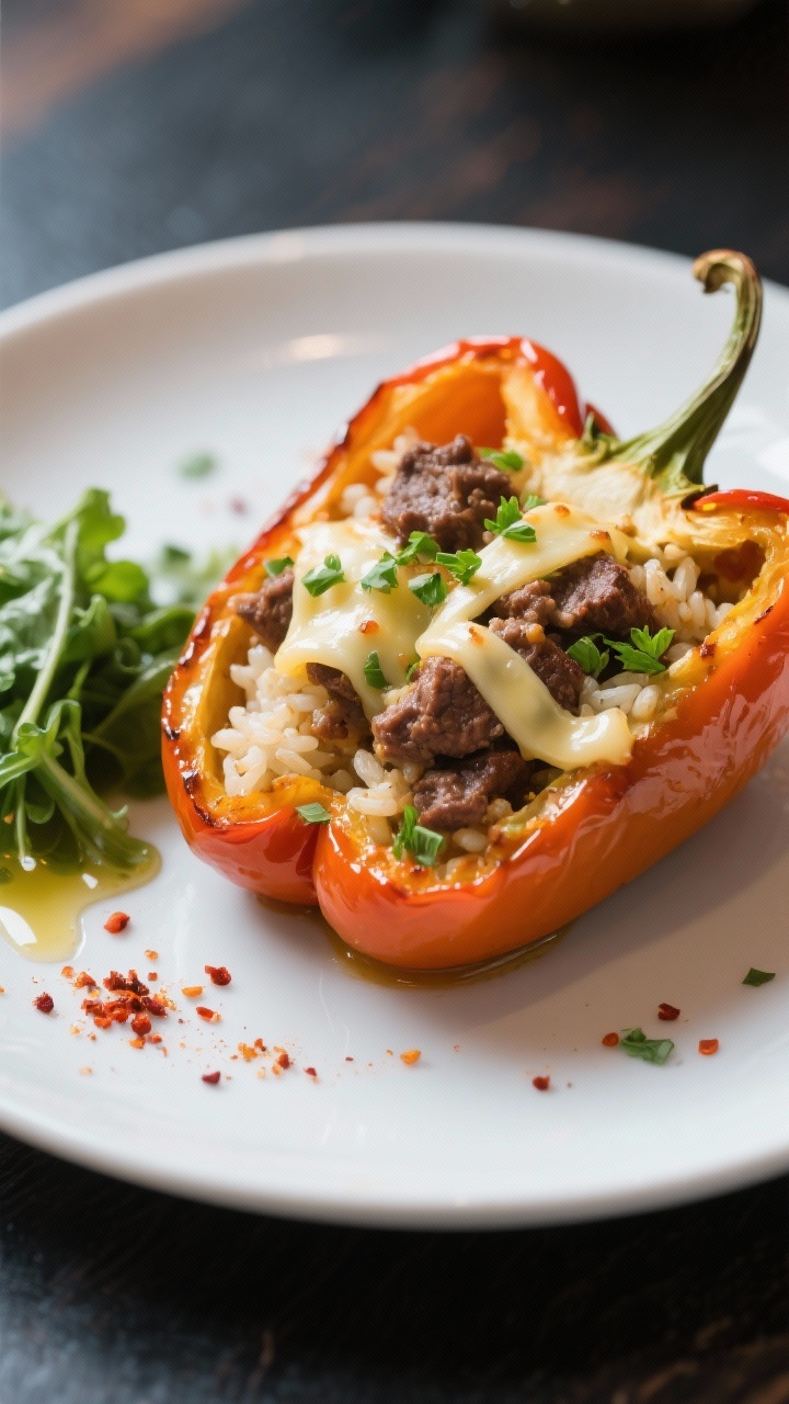 Final plated restaurant-quality presentation: a halved baked stuffed pepper on a matte white plate, 