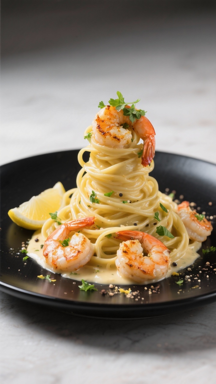 Final plated showstopper: Shrimp Scampi Alfredo presented restaurant-style, fettuccine twirled high 