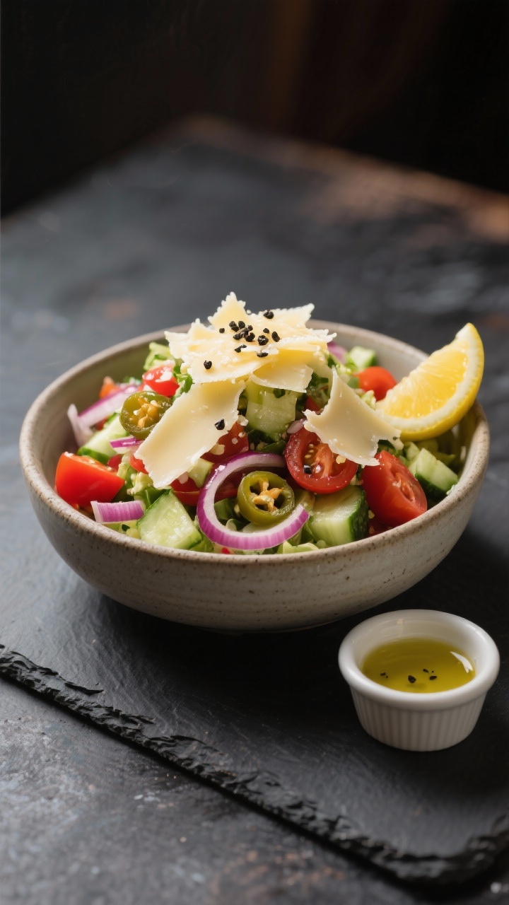 Final plated single-serving bowl: Italian Chopped Salad mounded high with visible ribbons of provolo