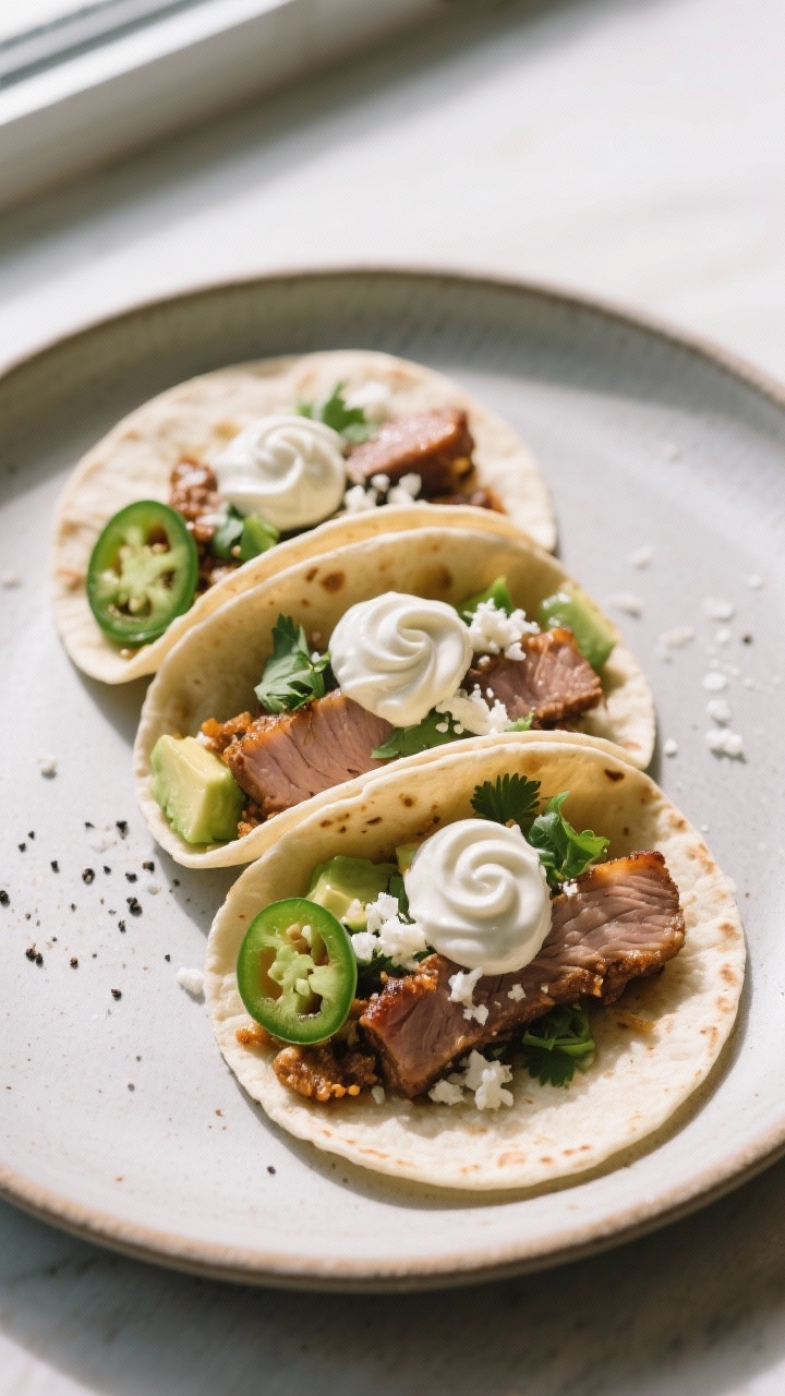 Final plated tacos on a matte ceramic plate: three pork tenderloin street tacos arranged in a row, f