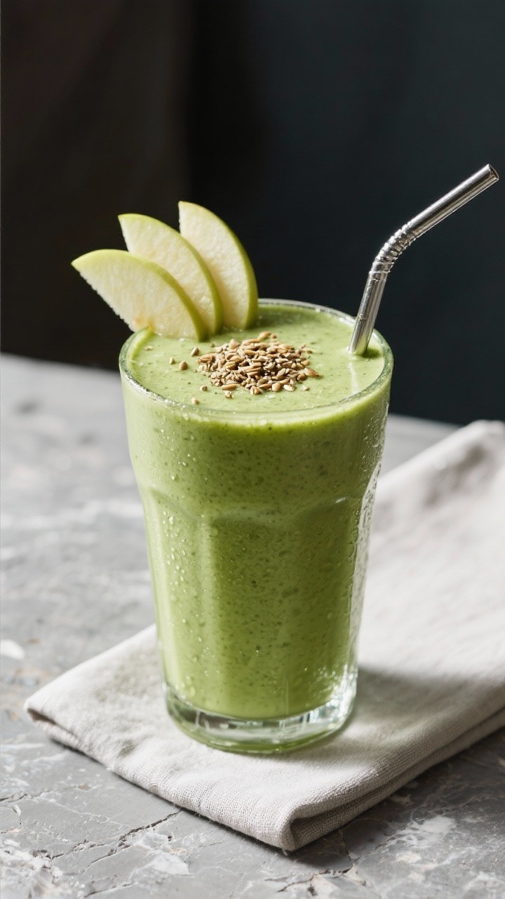 Final presentation: Protein-boosted breakfast version of the green smoothie poured thick into a tall