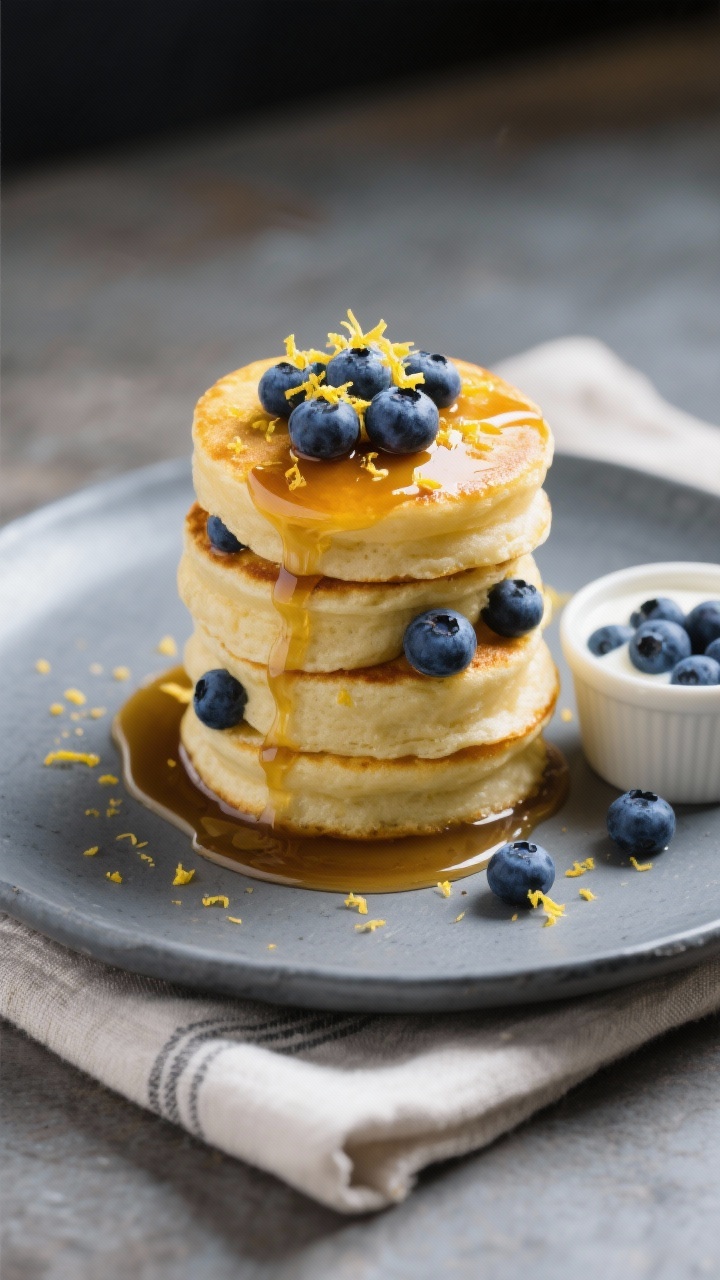 Final presentation: Restaurant-quality plated “Blueberry Boost” variation—tall stack with plum