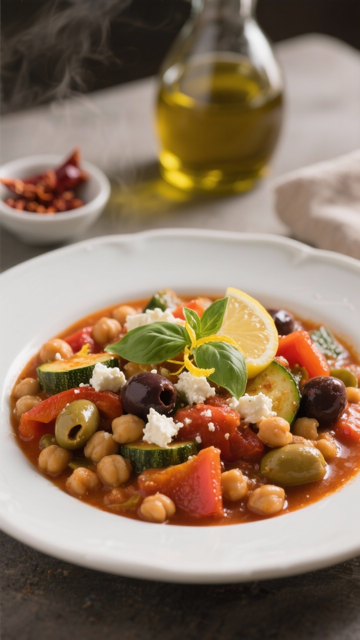 Final presentation: Rustic Mediterranean twist plating—steaming stew with chickpeas, zucchini, bel