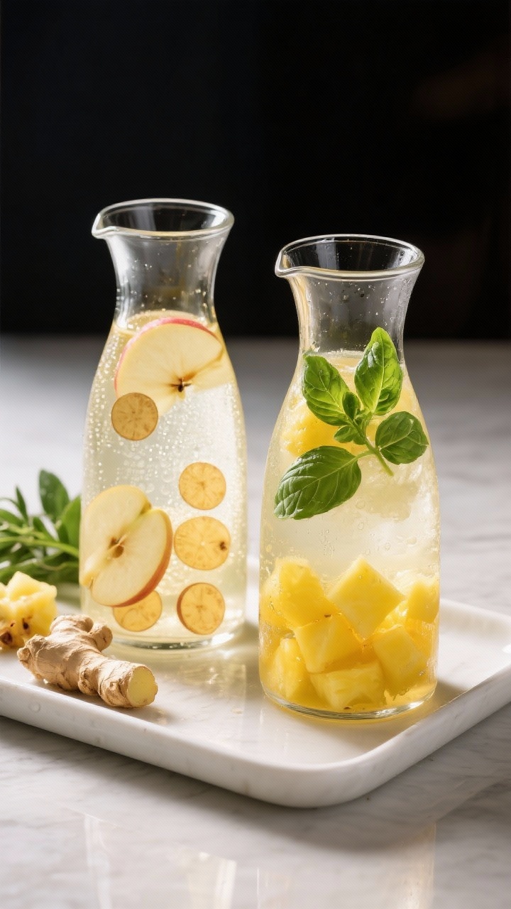 Final presentation shot of Ginger Apple Reviver and Pineapple Basil Splash side-by-side as a hydrati