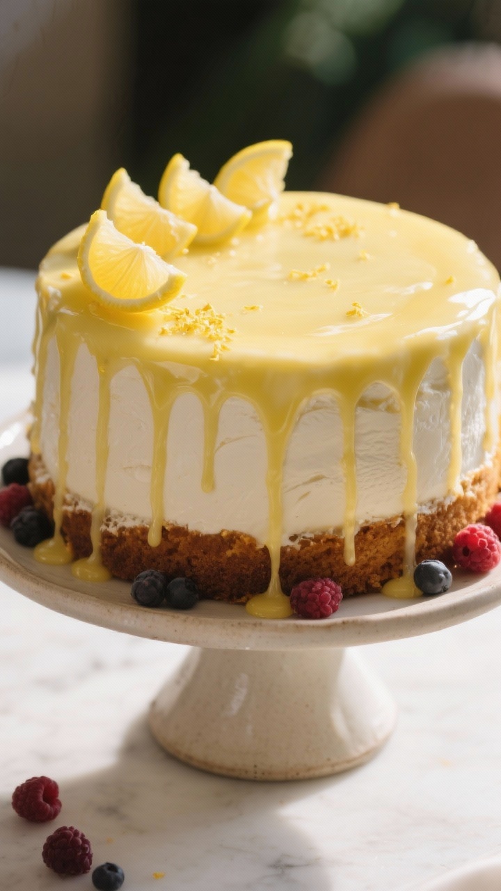 Final presentation shot: Whole Italian ricotta cake on a simple ceramic cake stand, finished with a 