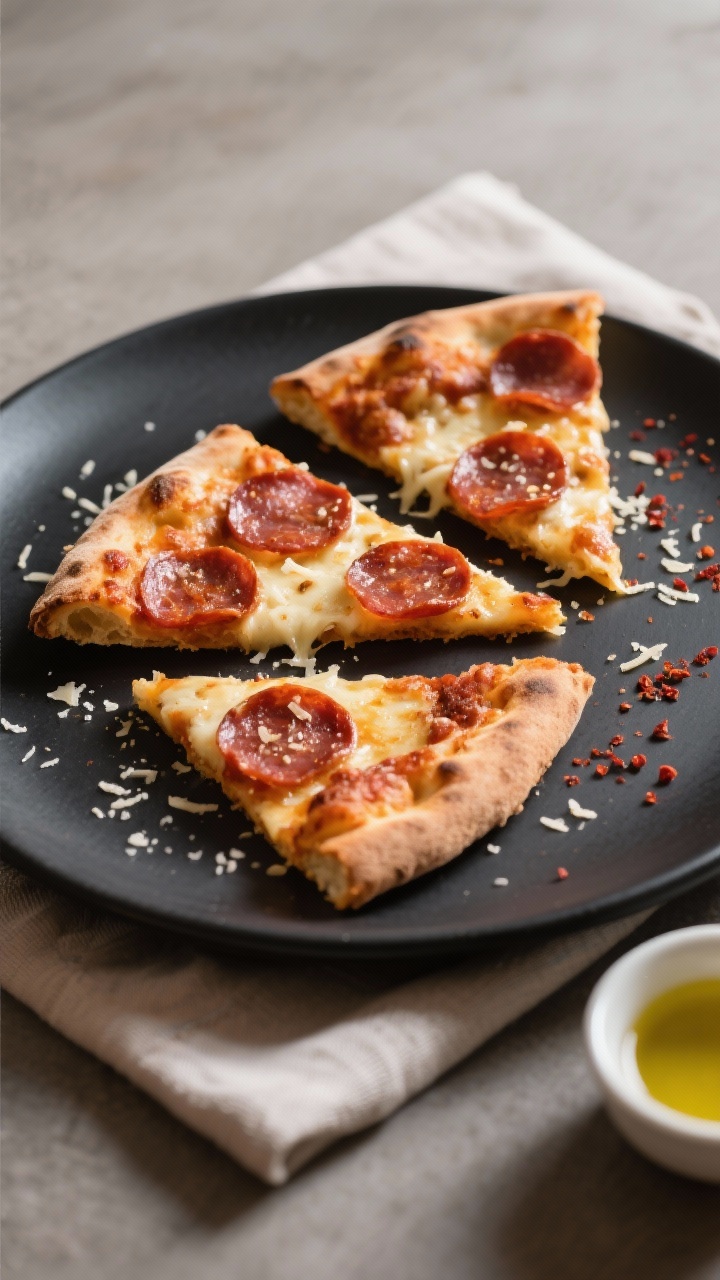 Final presentation — Sliced and ready: Three triangular slices of pepperoni crunch pizza on a dark