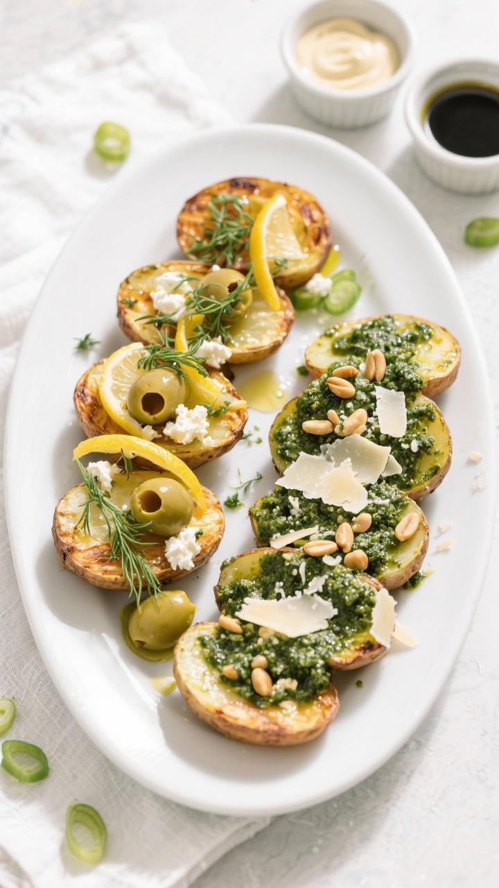 Flavor variation platter — Greek-ish + Pesto Parm duo: Overhead, two distinct topping styles on a 