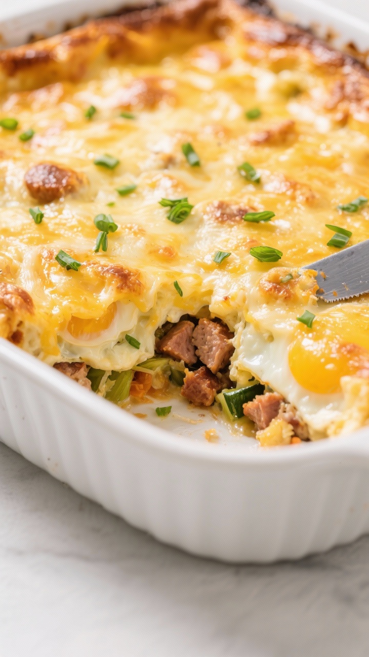 Fresh out of the oven — golden top: Three-quarter angle of the baked low-carb breakfast casserole 