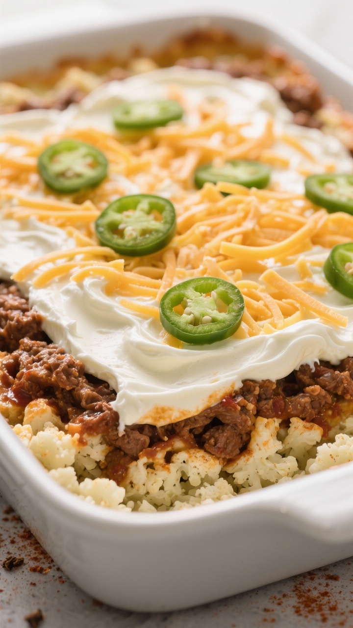 Layered assembly close-up: Low-carb taco casserole mid-build in a 9x13 baking dish—riced cauliflow