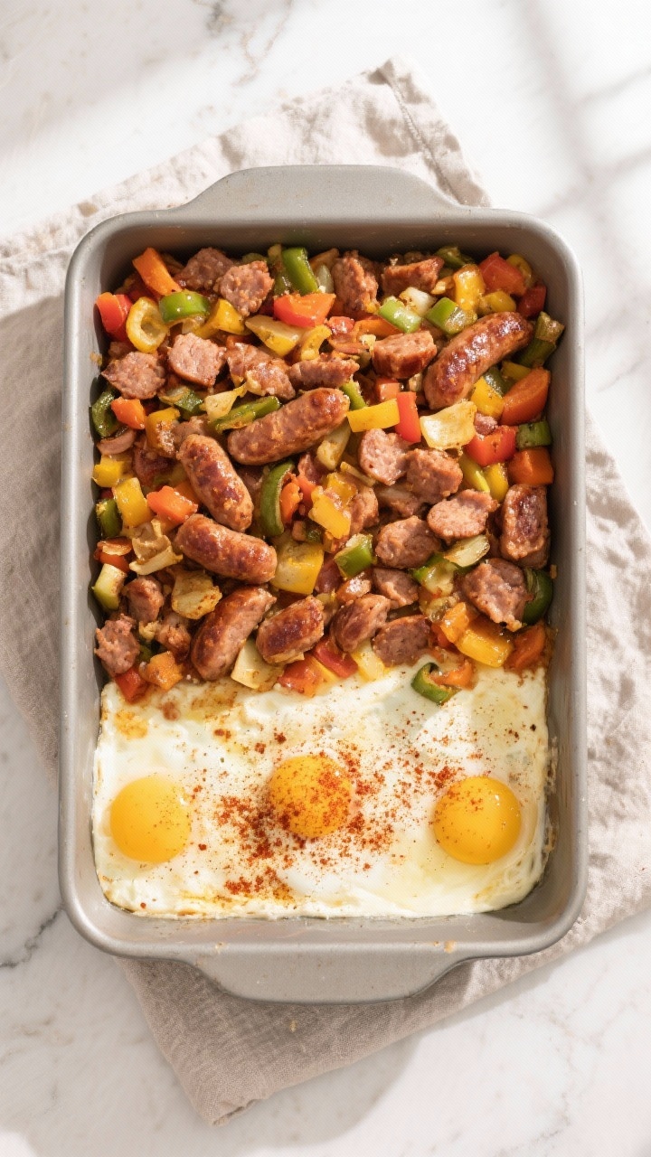 Layering the base — casserole assembly: Overhead shot of a 9x13 greased baking dish filled with an