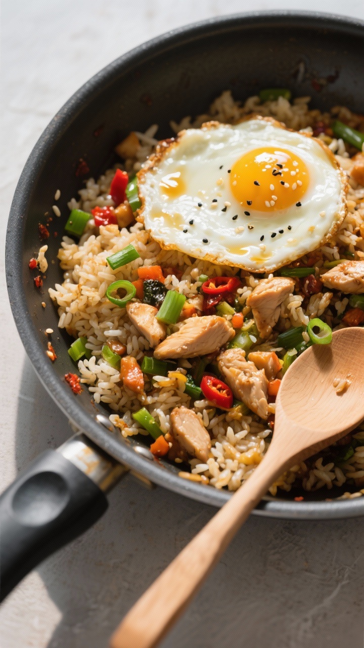 Overhead “fried-rice vibe” action: Top-down shot of the skillet after the optional egg move—so