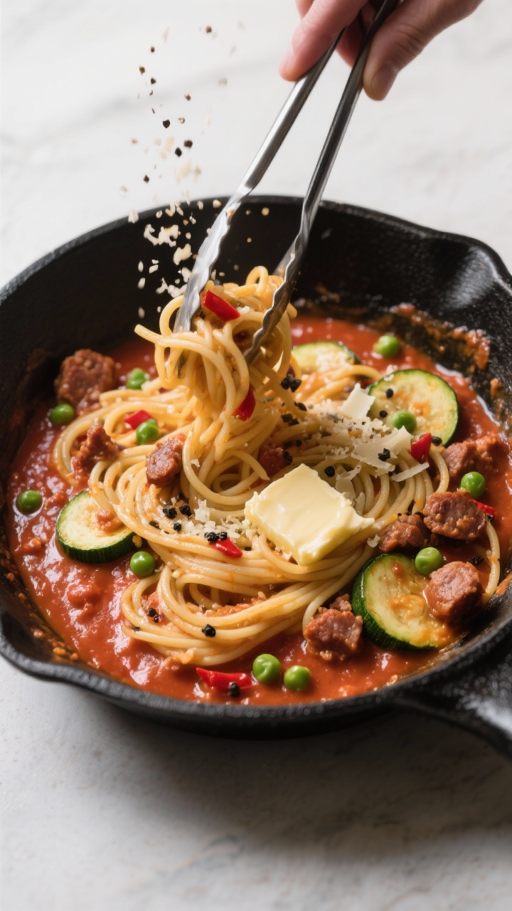 Overhead “marry the pasta” action: Top-down shot of leftover spaghetti being tossed directly in 