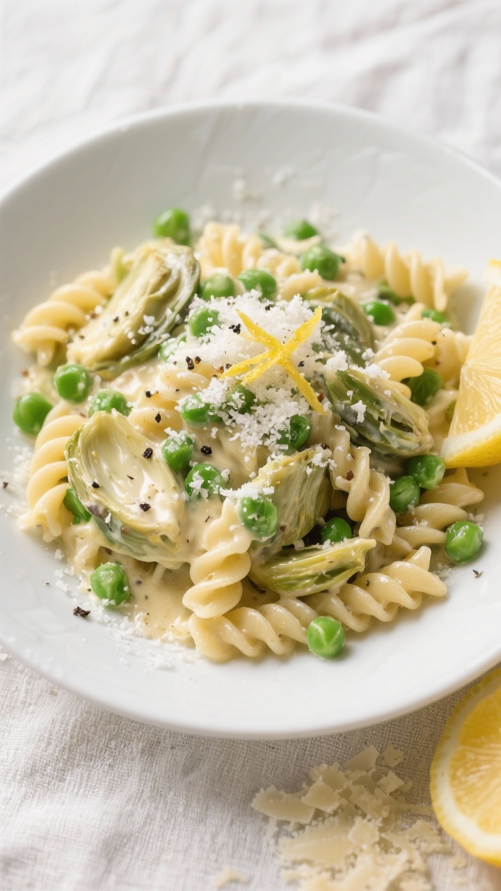 Overhead “Pantry Primavera” top view: Rotini Alfredo tossed with frozen peas and canned artichok