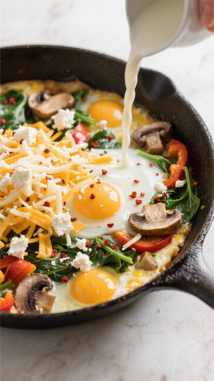 Leftover Vegetable Recipes: Cheesy Baked Vegetable Frittata That Turns Fridge Chaos Into Brunch Glory Overhead pour — assembly moment: Top-down shot of the skillet filled with evenly spread cooked veg