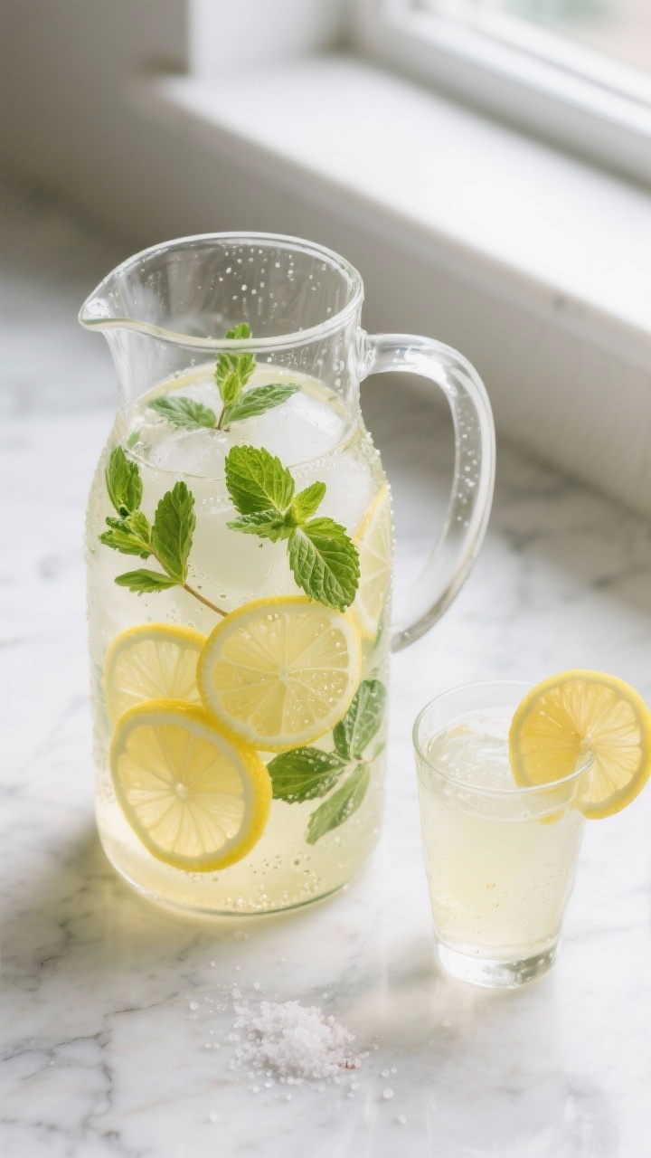 Overhead shot of a chilled glass pitcher of Lemon Mint Reset detox water, fully infused and ready to