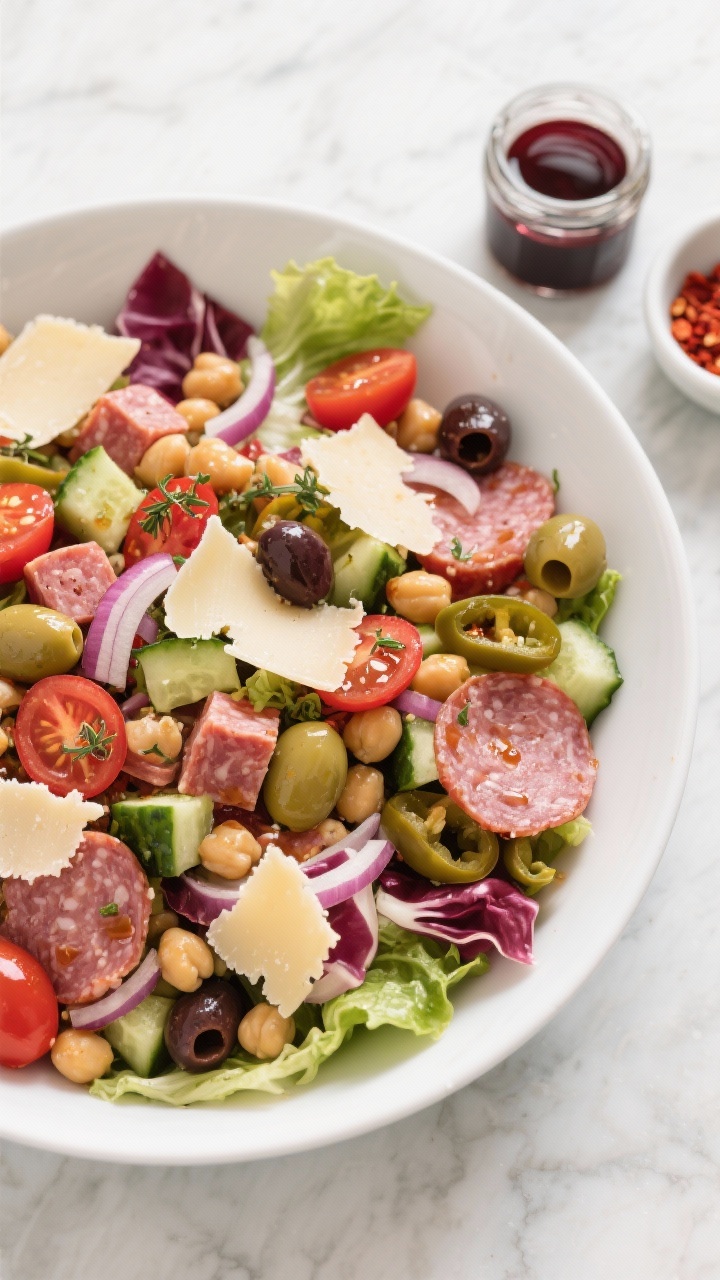 Overhead shot of a fully assembled Italian Chopped Salad with salami cubes, provolone ribbons, romai