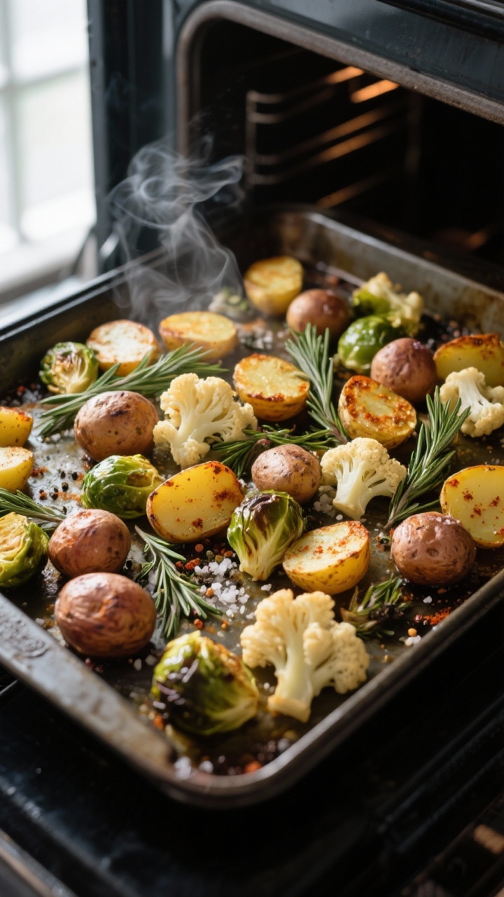 Overhead shot of a hot, preheated sheet pan just pulled from the oven, loaded with roasted baby pota