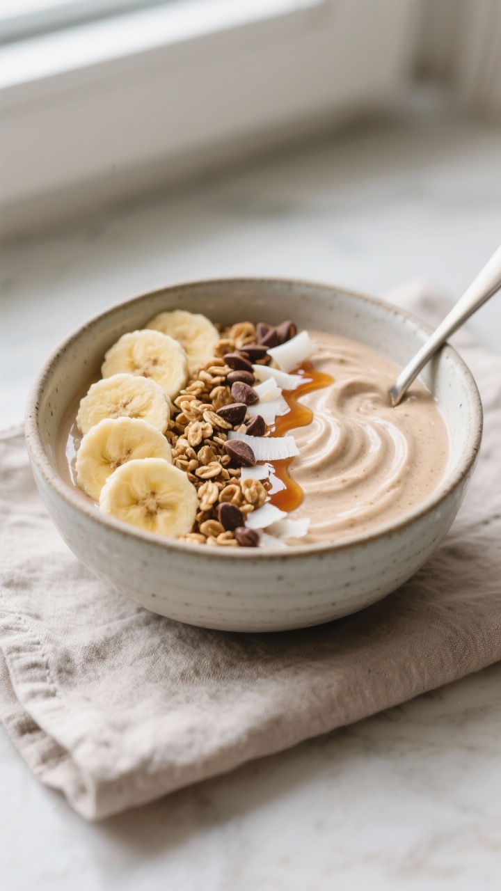 Overhead shot of a thick, spoonable banana smoothie bowl just poured into a chilled ceramic bowl, so
