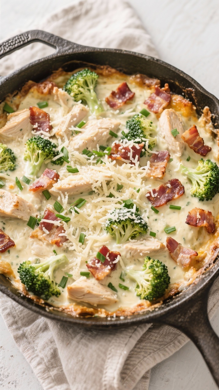 Overhead “tasty top view”: Family-style low-carb Chicken Bacon Ranch Casserole in the pan, evenl