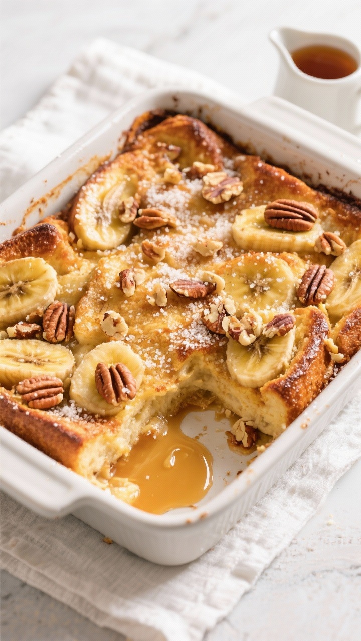 Overhead “tasty top view” of the Banana French Toast Bake in a 9x13 baking dish just out of the 