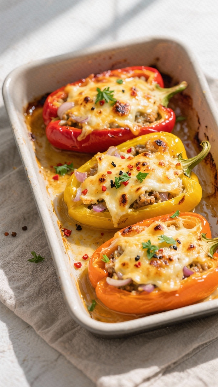 Overhead top-down shot of a rainbow tray of finished stuffed bell peppers (red, yellow, and orange) 