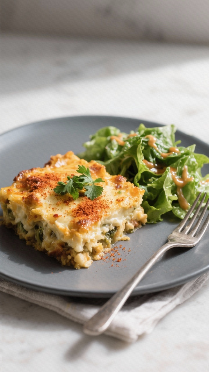 Plated final dish with sides: Restaurant-quality presentation of the casserole served alongside a cr