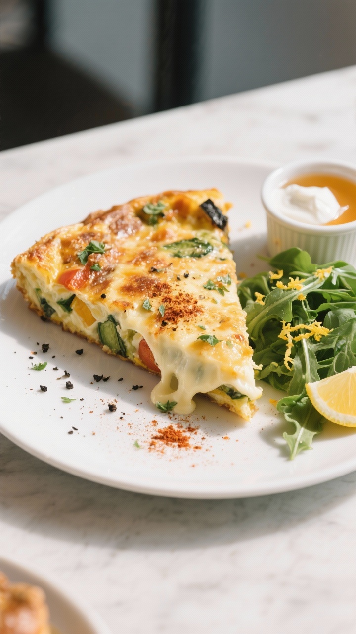 Leftover Vegetable Recipes: Cheesy Baked Vegetable Frittata That Turns Fridge Chaos Into Brunch Glory Plated slice — brunch presentation: Overhead shot of a neatly sliced wedge of cheesy vegetable fri