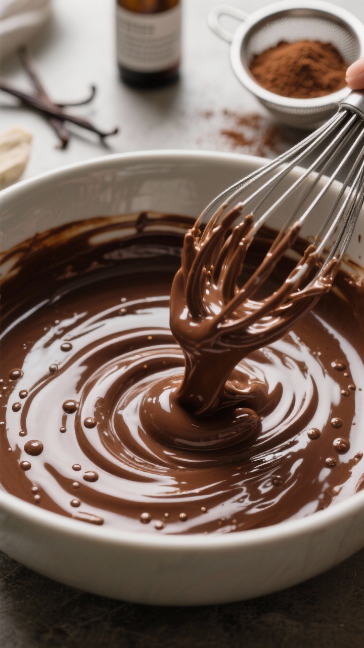 Process-action detail: Batter moment showcasing the “hot coffee magic”—a glossy, thin chocolat