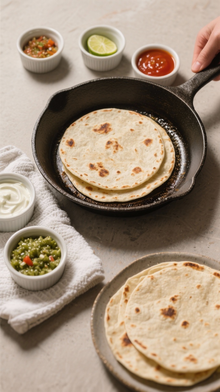 Process moment, overhead: tortillas warming in a lightly oiled skillet, subtle blistering and light 