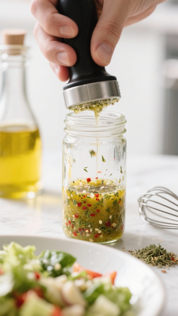 Process shot focusing on the dressing being made: a clear lidded jar just after shaking, the vinaigr