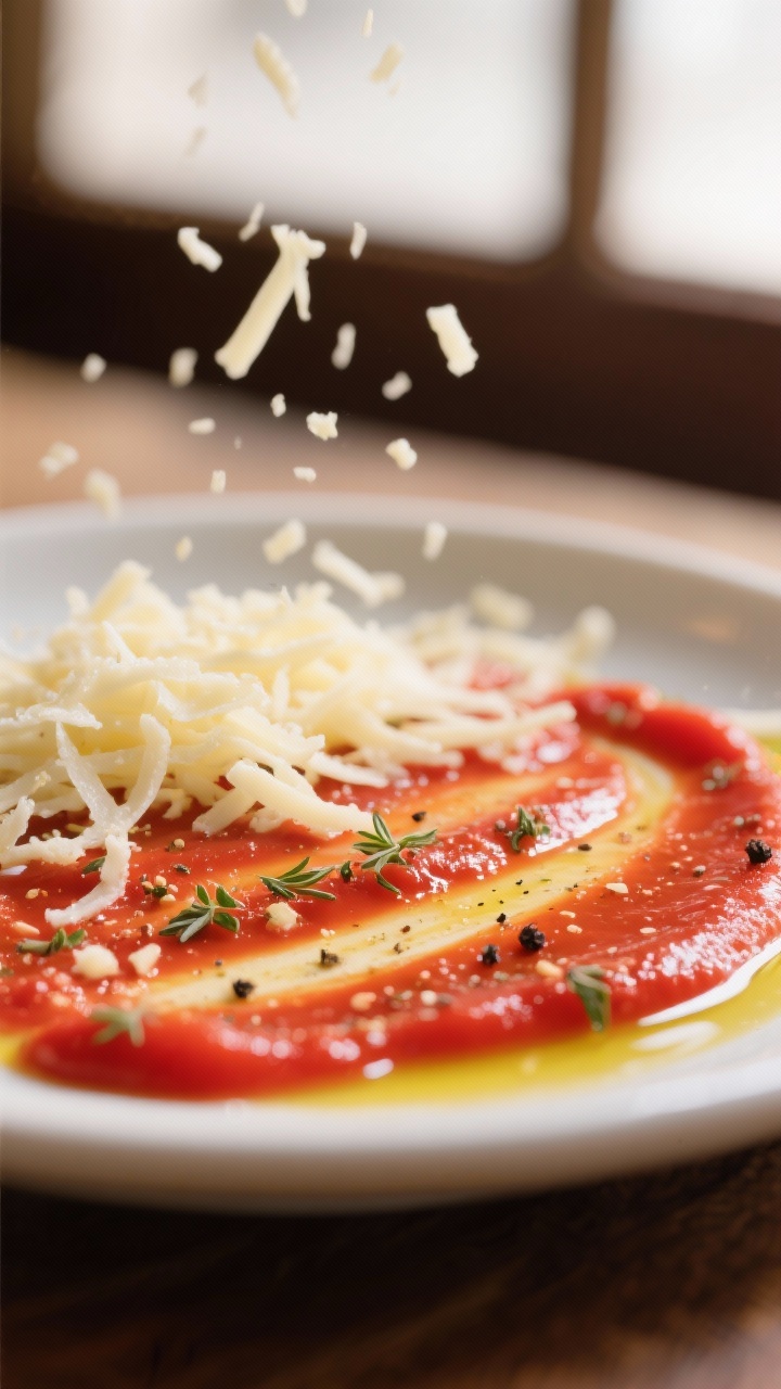 Saucing and cheesing — Close-up detail: focusing on a thin, even swipe of bright red tomato sauce 