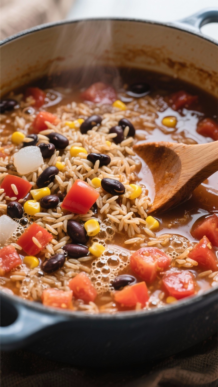 Simmer stage — One-pot rice and beans coming together: Overhead shot of the simmering mixture with
