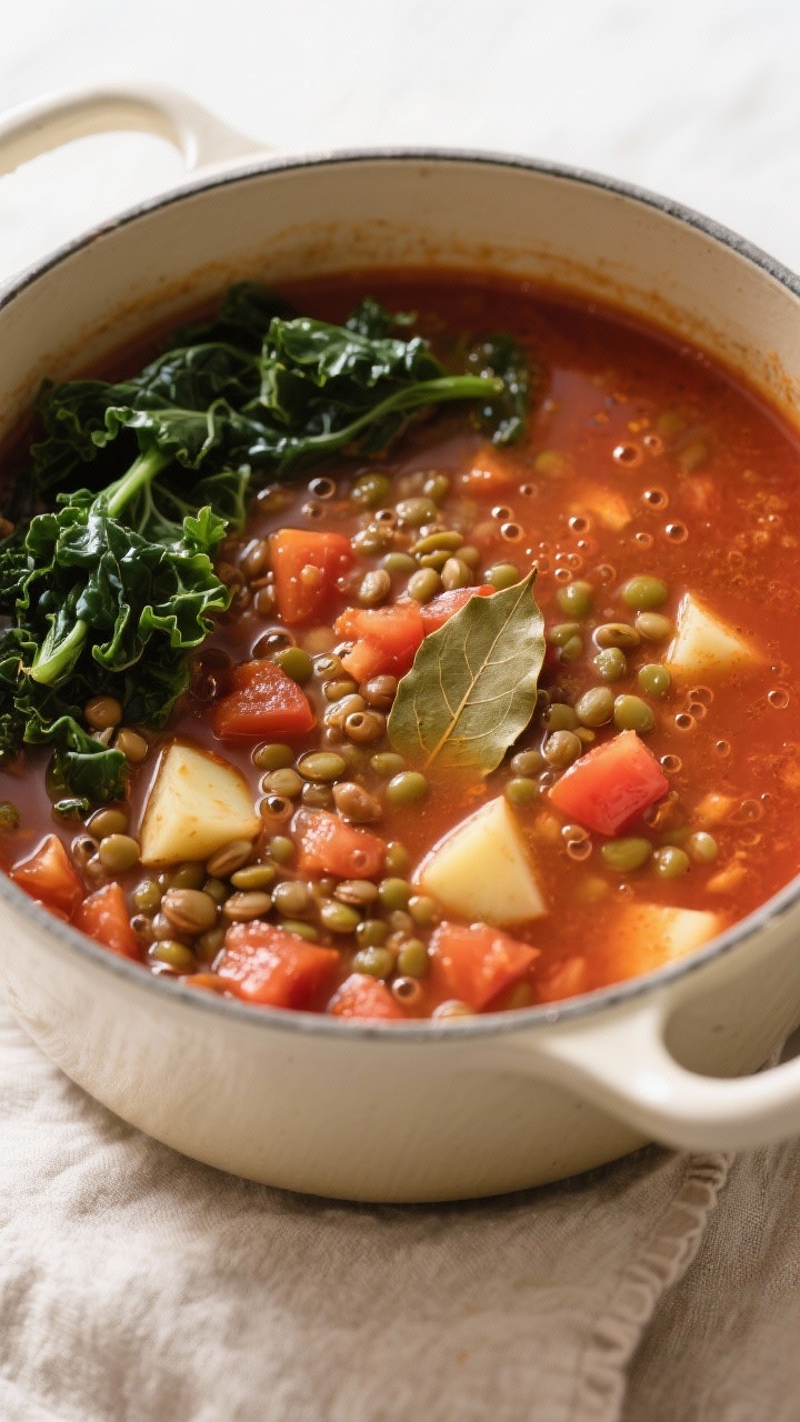 Simmering stage – hearty texture: Overhead shot of the soup mid-simmer showing tender green/brown 