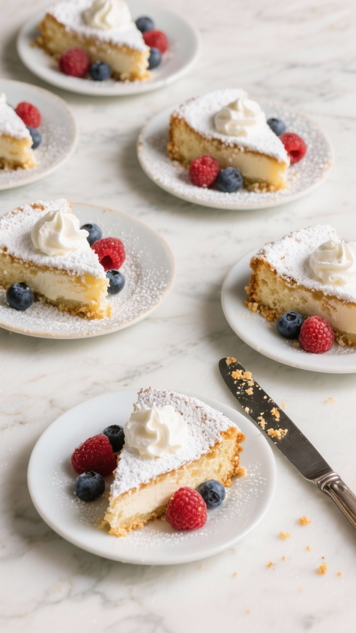Tasty top-down serving shot: Overhead slice-and-serve scene with several neat wedges of ricotta cake