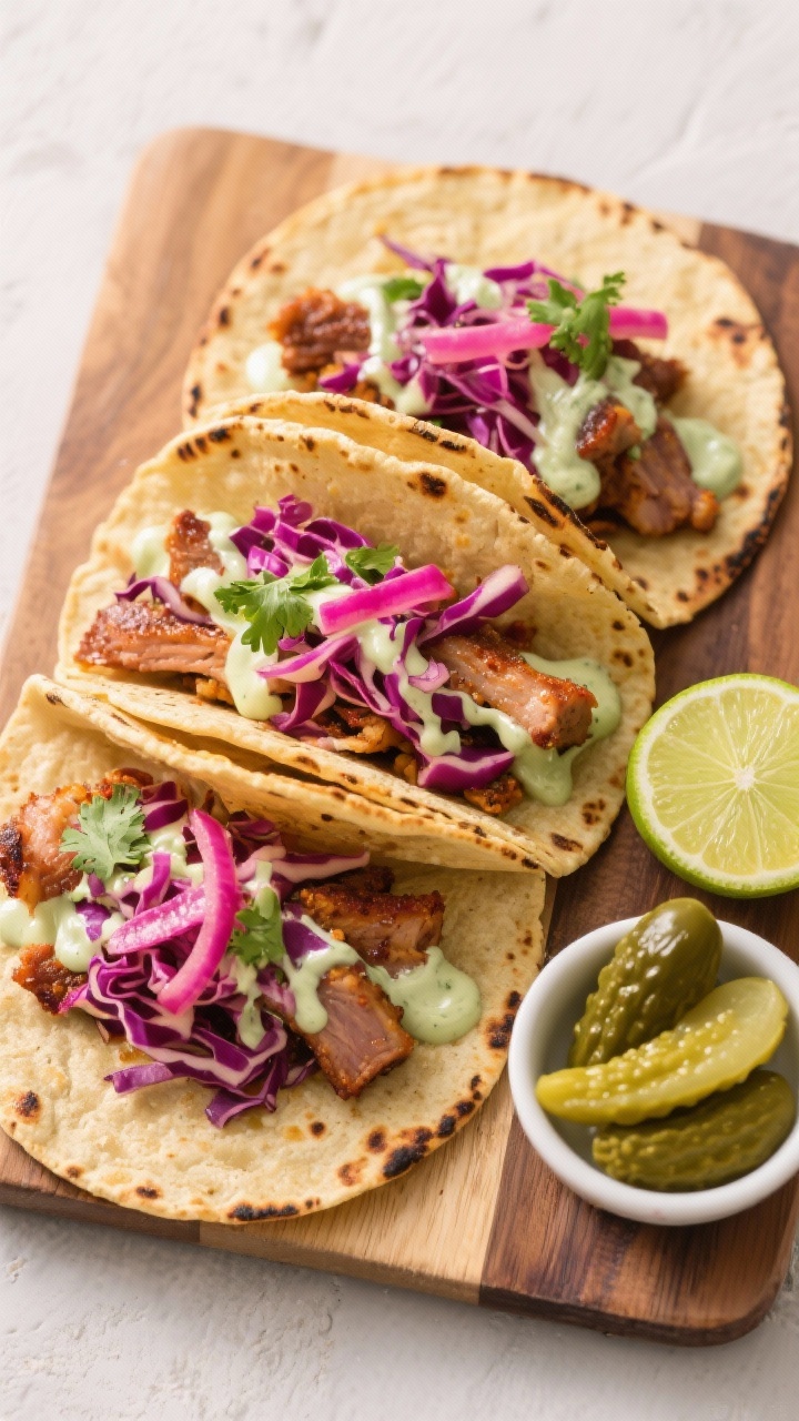 Tasty top-down shot of assembly: warm, lightly charred corn tortillas laid on a board, each layered 