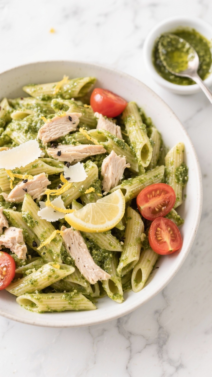 Tasty top view: 15-minute pesto chicken pasta — overhead shot of a wide, shallow bowl of glossy pe